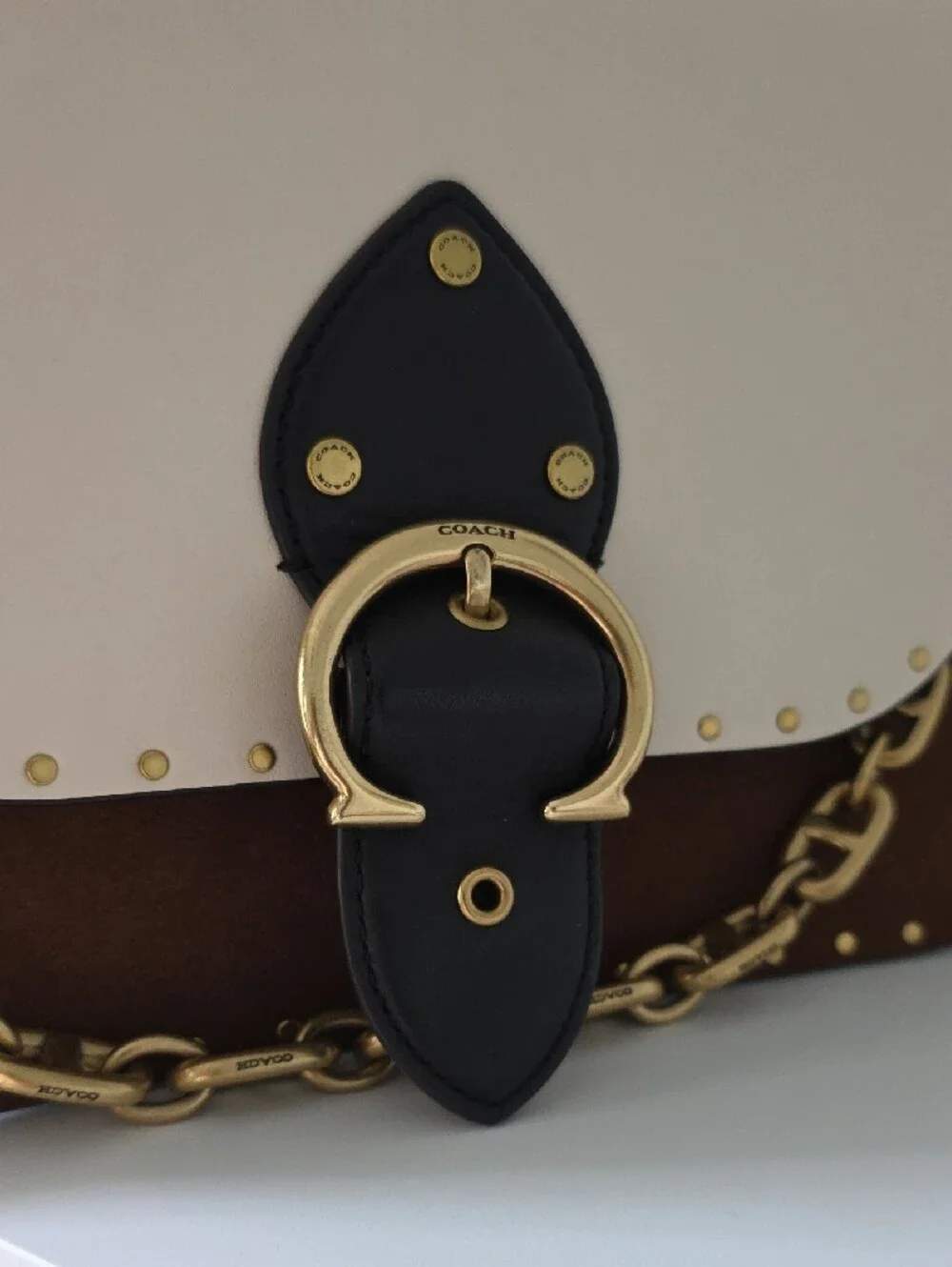 Coach Two-Tone Cream and Brown Leather Bag with Branded Gold Chain Accent